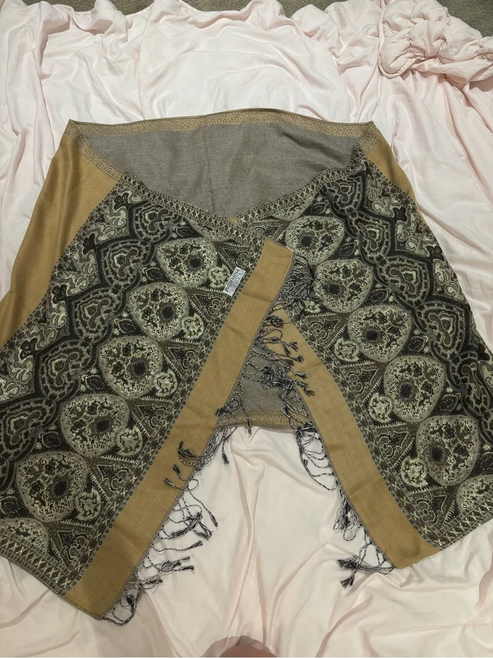 pashmina Tan and Gray Paisley Fringe Wrap